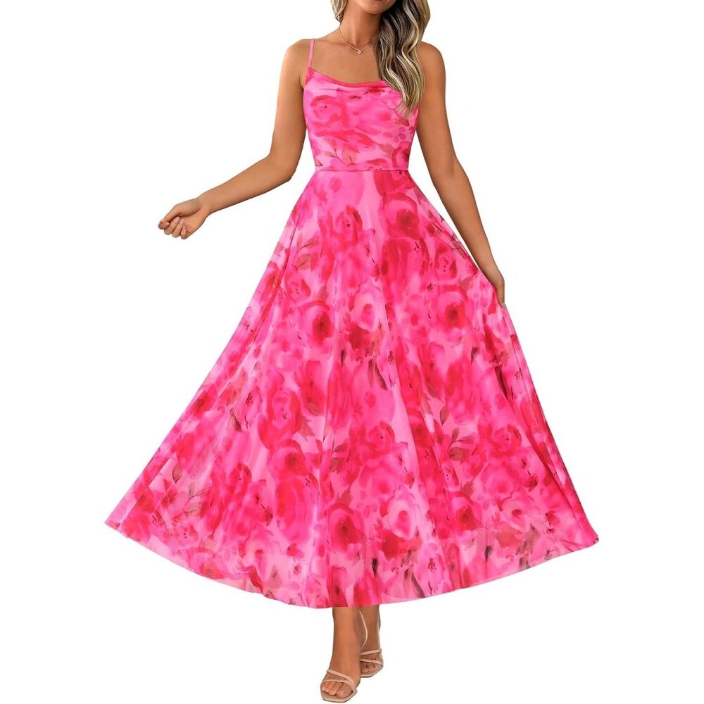 NWT BTFBM Pink Floral Mesh Cowl Neck Pleated Midi Dress Sz M Spaghetti Strap